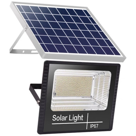 Proiector LED/Lampa solara de exterior Flippy, 20 cm x 25 cm, Rezistent la Apa IP67, cu Panou Solar, 220 LED SMD, 100W, Senzor de lumina, Timer, cu Telecomanda, 2 moduri de iluminat, kit montaj inclus, Lumina Rece, Resigilat