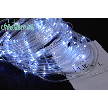 Instalatie luminoasa de Craciun tip furtun luminos, 100 LED-uri, 12 metri lungime, 8 programe, 2 metri prelungitor, sarma din cupru, incarcare solara, alb rece, Flippy