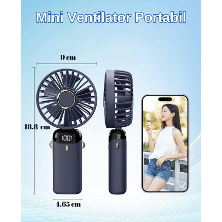 Ventilator Ultra Portabil cu Aromaterapie, Flippy, 3 in 1, de Mana, de Birou, de Gat, 5 Trepte de Viteza, Incarcare USB, Autonomie 12h, Pliabil, cu Ecran LCD, Albastru