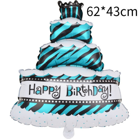 Balon din Folie Metalizata, Flippy, Model Tort cu 4 Straturi, Balon Aniversar, Model Happy Birthday, 62x43 cm, Ambalaj Individual, Pai inclus,  Umflare cu Aer sau Heliu, Albastru