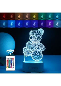 Lampa LED decorativa, Flippy, 3D, ursulet, din material acril si lumina multicolora, alb