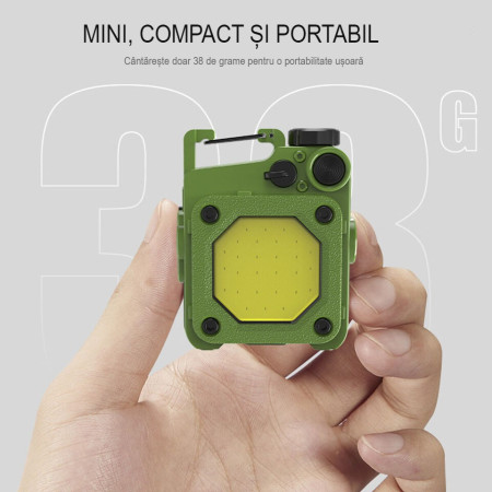 Lanterna Mini de Buzunar Tip Breloc, Flippy, Incarcare prin USB Type C, Multifunctionala, pentru Exterior, Camping, Alpinism, Ciclism, Mini Lanterna Elvis, 6.1 x 5 x 2.5 cm, Lumina Puternica, Culoare Verde