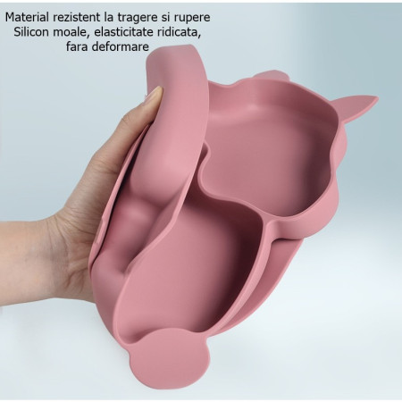Set 10 piese diversificare bebelusi si copii din silicon Flippy, baveta, farfurie compartimentata cu ventuza, bol cu ventuza, tacamuri din lemn si silicon, cana pentru gustari, fara alergeni, roz pudrat