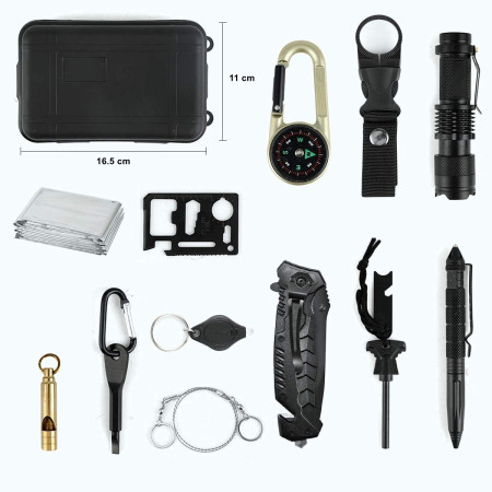 Kit supravietuire 19 in 1 Flippy, Cutit/Busola/Lanterna/Fluier/Chingi/Paracord, pentru Caping, Drumetii, Aventuri, Insturmente profesionale, Negru