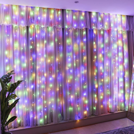 Instalatie Craciun Yoto, Tip Perdea, 2 m x 2 m, 240 LED-uri, Prelungitor 1.5 m, 8 Jocuri de Lumini, Interconectabila, Fir transparent, Interior/Exterior, Multicolor