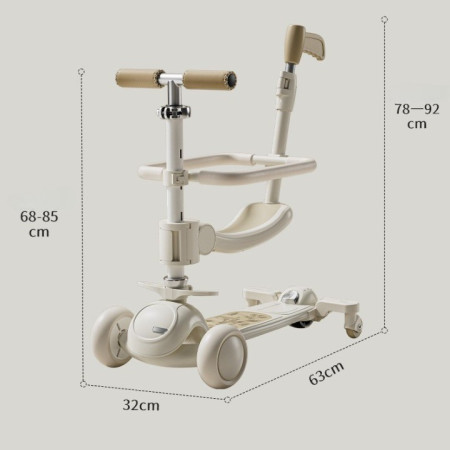 Trotineta Tip Carucior pentru Copii 7in1, Flippy, Pliabila, Ghidon Reglabil, Parti Detasabile, Lumini LED, Muzica, Suport pentru picioare, Alb