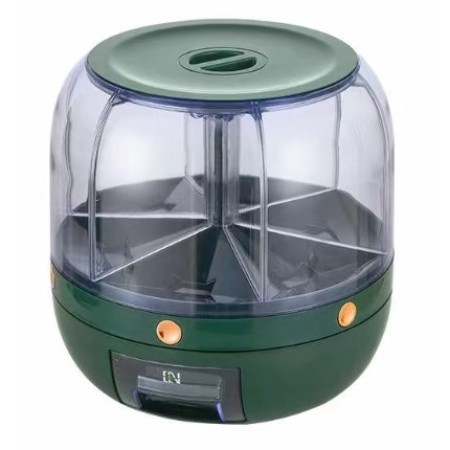 Dozator de cereale Flippy, rotativ 360, 6 compartimente, capacitate 6 L, rezistent la umezeala, inchidere etansa, verde