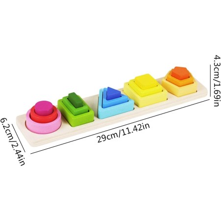 Jucarie Montessori din Lemn, Flippy, Tip Puzzle, cu 5 Forme Asimetrice, 15 Piese, Educativa, Interactiva, Creativa, Model Forme Geometrice, Materiale Non Toxice, pentru Copii peste 2 Ani, Baza 29x6.5 cm, Multicolor