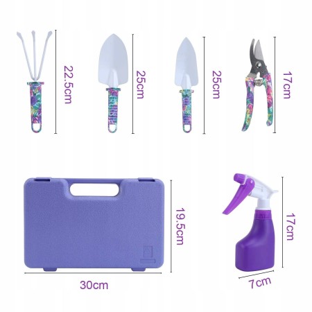 Set 5 accesorii pentru gradinarit Flippy, geanta depozitare inclusa, otel inoxidabil, 38 x 29 cm, mov