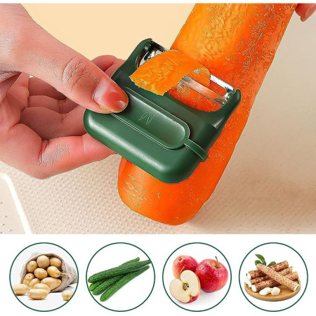 Decojitor/Curatator manual de legume si fructe, Flippy, portabil, cu magnet, doua lame, Inox, Verde, 6.7x6x1.6 cm