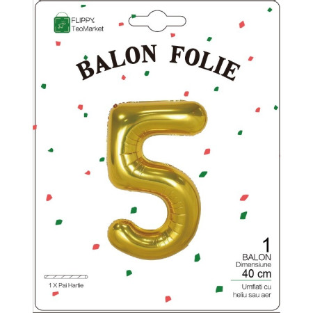 Balon din Folie Metalizata Flippy, Figurina Cifra, Tema Aniversare 40 cm, Ambalaj Individual, Pai inclus, Umflare cu Aer sau Heliu, Auriu, Cifra 5