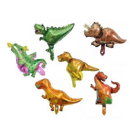 Balon din Folie Metalizata, Flippy, Mini Figurine Dinozauri, Model T-Rex, Tematica Aniversare, 48x34 cm, Ambalaj Individual, Pai Inclus, Umflare cu Aer sau Heliu, Multicolor