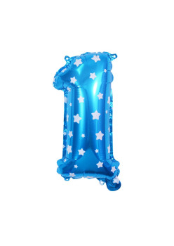 Balon din Folie Metalizata Flippy, Figurina Cifra, Imprimeu Stele, Tema Aniversare 80 cm, Ambalaj Individual, Pai inclus, Umflare cu Aer sau Heliu, Albastru, Cifra 1