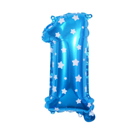 Balon din Folie Metalizata Flippy, Figurina Cifra, Imprimeu Stele, Tema Aniversare 80 cm, Ambalaj Individual, Pai inclus, Umflare cu Aer sau Heliu, Albastru, Cifra 1