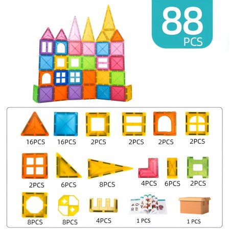 Set 88 Piese Magnetice de Constructie, Flippy, Piese 5.5 cm, Magnetic Tiles, Forme Geometrice, 3 Ani, ABS, Magnet, 27.5 x 21.5 x 17 cm, Multicolor