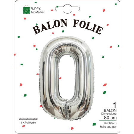 Balon din Folie Metalizata, Flippy, Figurina Cifra, Tema Aniversare 80 cm, Ambalaj Individual, Pai inclus, Umflare cu Aer sau Heliu, Argintiu, Cifra 0