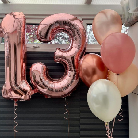 Balon din Folie Metalizata Flippy, Figurina Cifra, Tema Aniversare 40 cm, Ambalaj Individual, Pai inclus, Umflare cu Aer sau Heliu, Rose Gold, Cifra 3