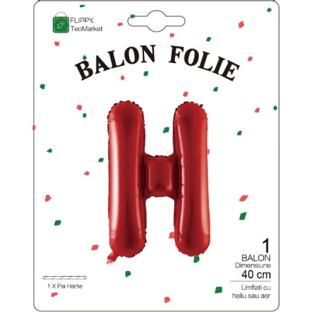 Balon Folie Metalizata Litera H, Flippy, 40 cm, Umflati cu Heliu sau Aer, Ambalaj Individual, Pai inclus, Rosu