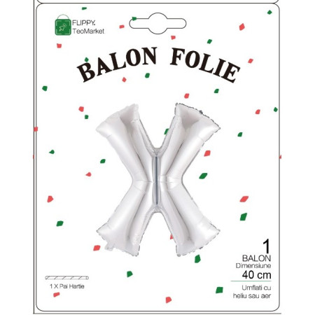 Balon Folie Metalizata Litera X, Flippy, 40 cm, Umflati cu Heliu sau Aer, Ambalaj Individual, Pai inclus, Argintiu