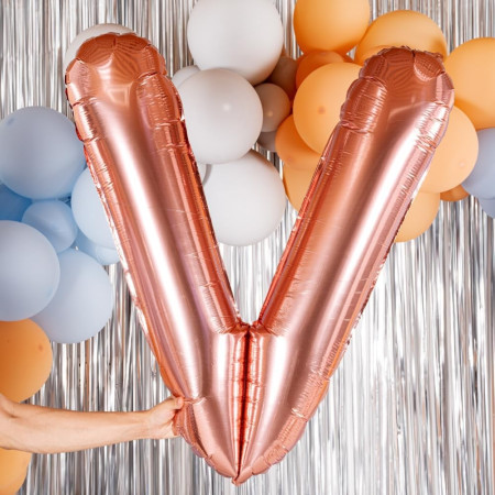 Balon Folie Metalizata Litera V, Flippy, 100 cm, Umflati cu Heliu sau Aer, Ambalaj Individual, Pai inclus, Rose Gold