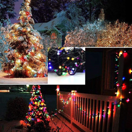 Instalatie de Craciun liniara Yoto, 24 m, din care 1 m cablu priza 220V, 300 LED, 8 jocuri de lumini, beculet in 6 colturi, pentru interior, controler, fir negru, multicolor