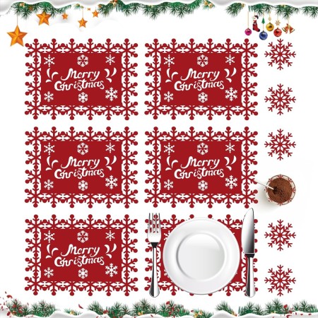 Set 12 Servete pentru Masa si Suporturi de Pahare/Tacamuri, Flippy, Scris Merry Christmas, 6 Servete 25x35 cm, 6 Suporturi de 10x10 cm, Rosu