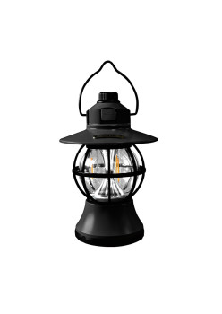 Lampă de camping retro portabilă, Felinar Vintage LED ABS, Acumulator inclus 1200 mAh, reincarcabila, 20 cm inaltime, 3 moduri de iluminare, intensitate reglabila,Lampa portabila pentru cort în aer liber, Negru