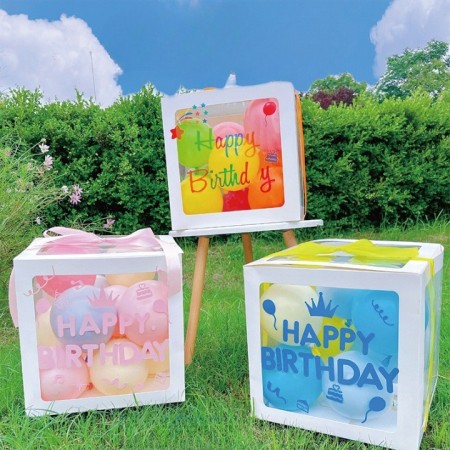 Cutie pentru Baloane, Flippy, Tematica Aniversare, Model Scris Happy Birthday, Baloane Albastre, Albe, Galbene si Panglica Incluse, Contur Alb, Transparenta, 30x30 cm