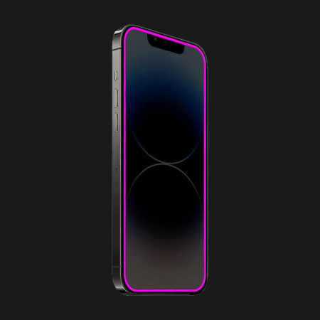 Folie de Sticla Securizata pentru Apple iPhone 15 Pro Max, Flippy, Luminous, Margine Fosforescenta Neon din Silicon, Mat, Anti-Amprenta, Protectie Completa, 9H, Violet