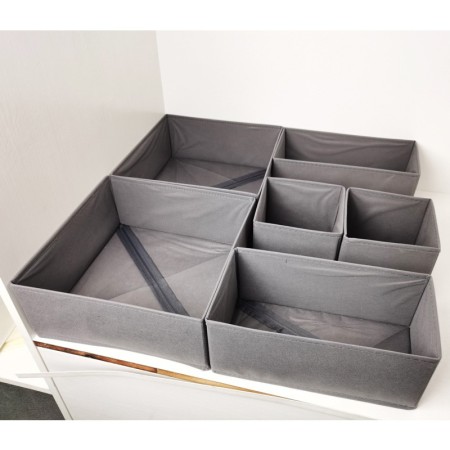 Organizator sertar pentru lenjerie intima, tip cutie cu partitii, set 3 in 1, 6 piese, gri inchis