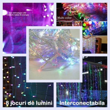 Instalatie Craciun, Tip Perdea, 1 m x 1 m, 60 LED-uri, Multicolor, Controler, 8 jocuri de lumini, Interconectabila, Fir transparent, Interior/ Exterior, Yoto