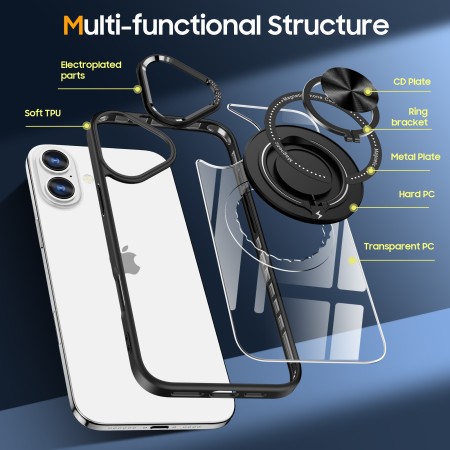 Husa de Protectie TPU, Flippy, pentru iPhone 16 Pro, Anticadere, cu Incarcare Wireless, Tehnologie Magsafe, Inel Magnetic Rotativ cu Functie de Suport, Transparent-Negru