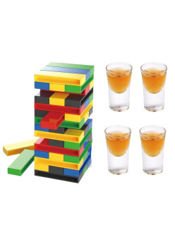 Joc de Baut Flippy, Turn Jenga din Plastic, cu 4 Pahare de Shot, +18 Ani, Multicolor