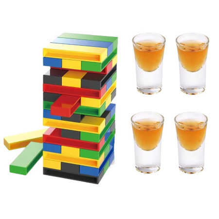 Joc de Baut Flippy, Turn Jenga din Plastic, cu 4 Pahare de Shot, +18 Ani, Multicolor