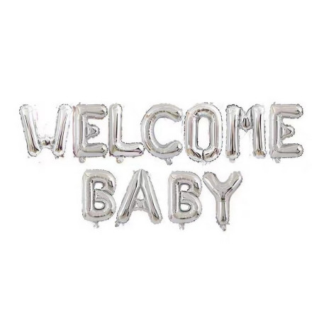 Set Baloane din Folie Metalizata, Flippy, Figurine Litere, Model Welcome Baby, Tema Aniversare, 40 cm, Ambalaj Individual, Pai inclus, Umflare cu Aer sau Heliu, Argintiu