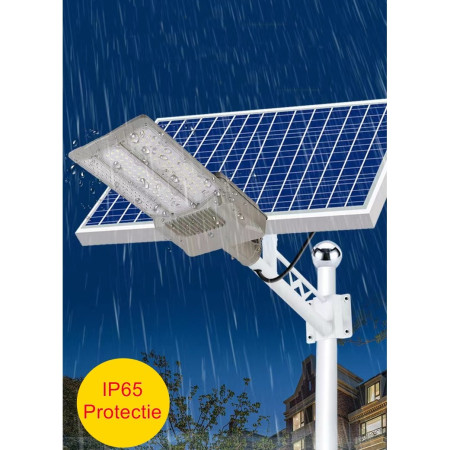 Lampa solara stradala Flippy, pentru curte sau strada, cu trei grile, finisaj mat, rezistent la apa, montare prin fixare, senzor lumina, baterie de litiu, IP65, lumina rece, putere 1000W, autonomie 10 ore, 55 x 23 x 9 cm, gri