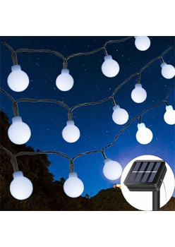 Instalatie Craciun, 12 metri, 100 de LED-uri cu ornament tip Bulb, 8 jocuri de lumini alb rece, cu energie solara, liniar, interior/exterior, Flippy