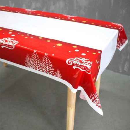 Fata de masa dreptunghiulara Flippy, PVC, 2.5 mm grosime, imprimeu Merry Christmas, potrivit pentru Craciun, utilizare multipla, 180 x 108 cm, alb