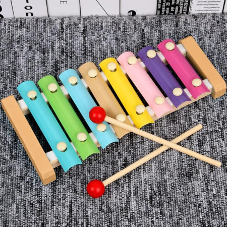 Instrument Muzical Xilofon Flippy, din Lemn, 8 Note Muzicale, 2 Bete de Percutie, 4-6 Ani, Multicolor Pastel