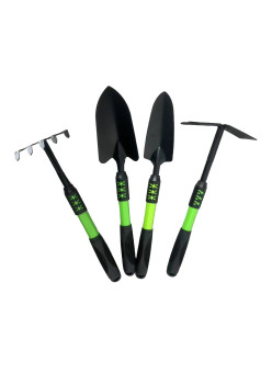 Set 4 Unelte de Gradina Flippy, pentru Plantare, Prelucrare Sol si Ingrijire Plante, Material PVC Carbon, Grebla, Sapaliga cu Cap Dublu, Lopata Mica, Lopata Lata, 43 x 11 cm, Negru/Verde