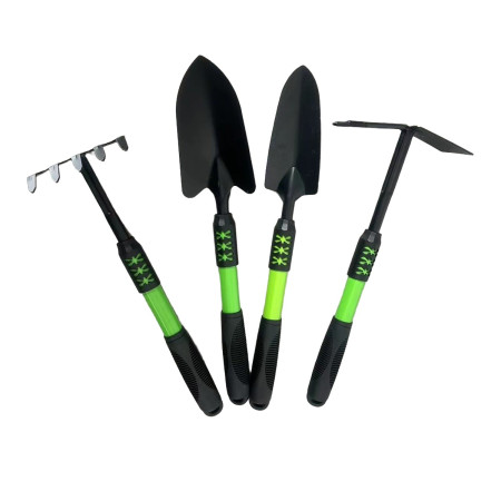 Set 4 Unelte de Gradina Flippy, pentru Plantare, Prelucrare Sol si Ingrijire Plante, Material PVC Carbon, Grebla, Sapaliga cu Cap Dublu, Lopata Mica, Lopata Lata, 43 x 11 cm, Negru/Verde