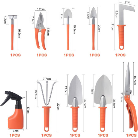 Set 10 Unelte de Gradina, Flippy, pentru Plantare Prelucrare Sol si Ingrijire Plante, Manere Portocalii, Material PVC si Otel Inoxidabil, Cutie Inclusa, 37x28x7 cm, Negru