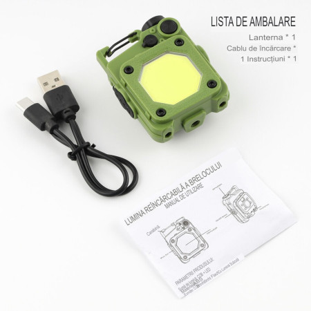 Lanterna Mini de Buzunar Tip Breloc, Flippy, Incarcare prin USB Type C, Multifunctionala, pentru Exterior, Camping, Alpinism, Ciclism, Mini Lanterna Elvis, 6.1 x 5 x 2.5 cm, Lumina Puternica, Culoare Verde