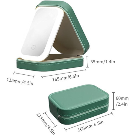 Portfard, Flippy, Geanta Cosmetice, cu Oglinda LED, 3 Moduri de Lumina, Incarcare USB, Baterie 1200 mAh, pentru Organizarea Cosmeticelor, 4 Compartimente, Imitatie Piele, Verde, 16.5x11.5x6 cm