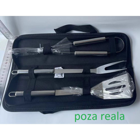 Set 3 Ustensile pentru Gratar, Flippy, din Otel Inoxidabil, Geanta Oxford, Argintiu