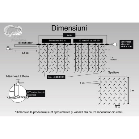 Instalatie Craciun Profesionala de Exterior IP65, Tip Perdea, 6m x 2m, 1200 Led-uri Mari, Alb cald, cu flash, Alimentator 1,5 m, Interconectabila, Fir negru, Flippy