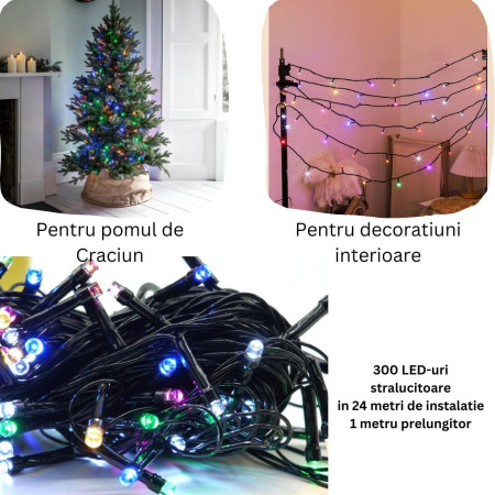 Instalatie de Craciun liniara Yoto, 24 m, din care 1 m cablu priza 220V, 300 LED, 8 jocuri de lumini, controler, fir negru, multicolor