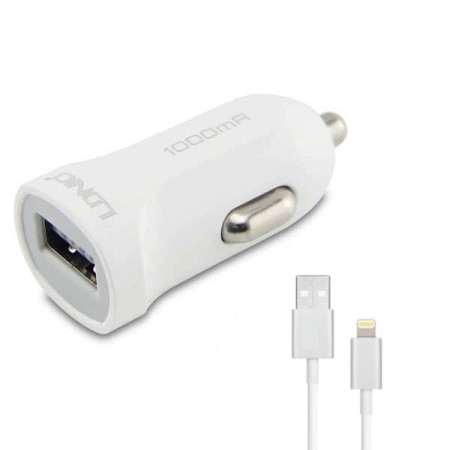 Incarcator auto 1USB 1A Alb + Cablu Lightning 1m Alb Cod Produs 08079