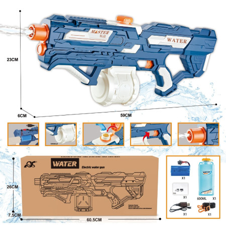 Pistol cu Apa pentru Copii, Rezervor 600ml, Flippy, 14ani+, cu baterie 1500mAh, Electric Burst, Albastru/Alb, 1000ML