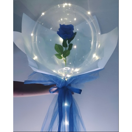 Trandafir in Balon LED cu Lumini, Flippy, Tip Buchet, Diametru 35 cm, Albastru